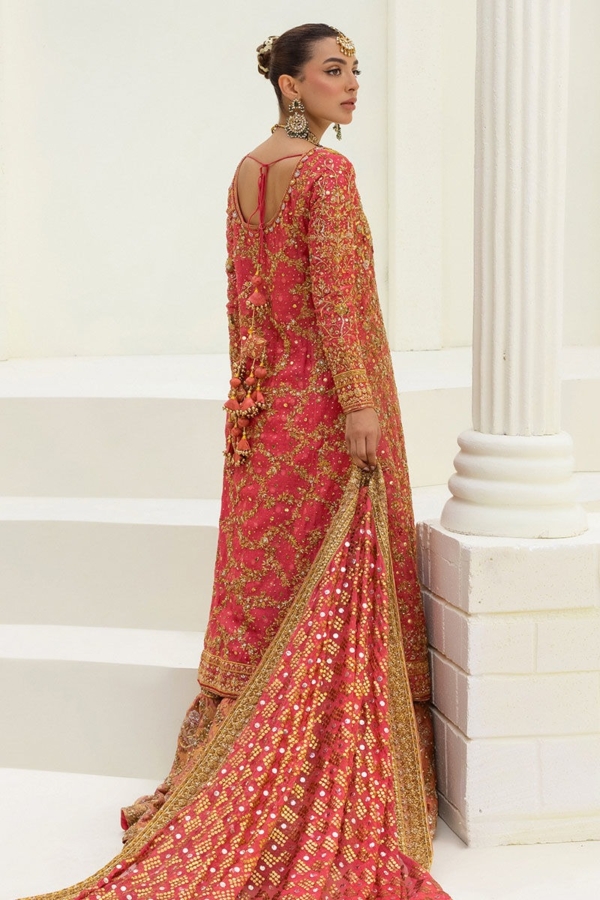 Pakistani Bridal Watermelon Color Farshi Lehenga - Image 3