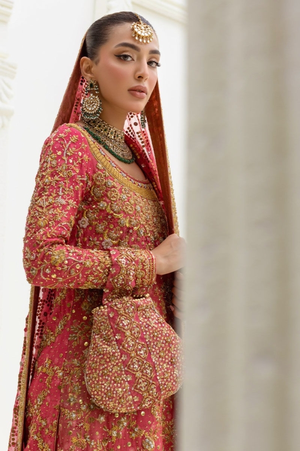 Pakistani Bridal Watermelon Color Farshi Lehenga - Image 4