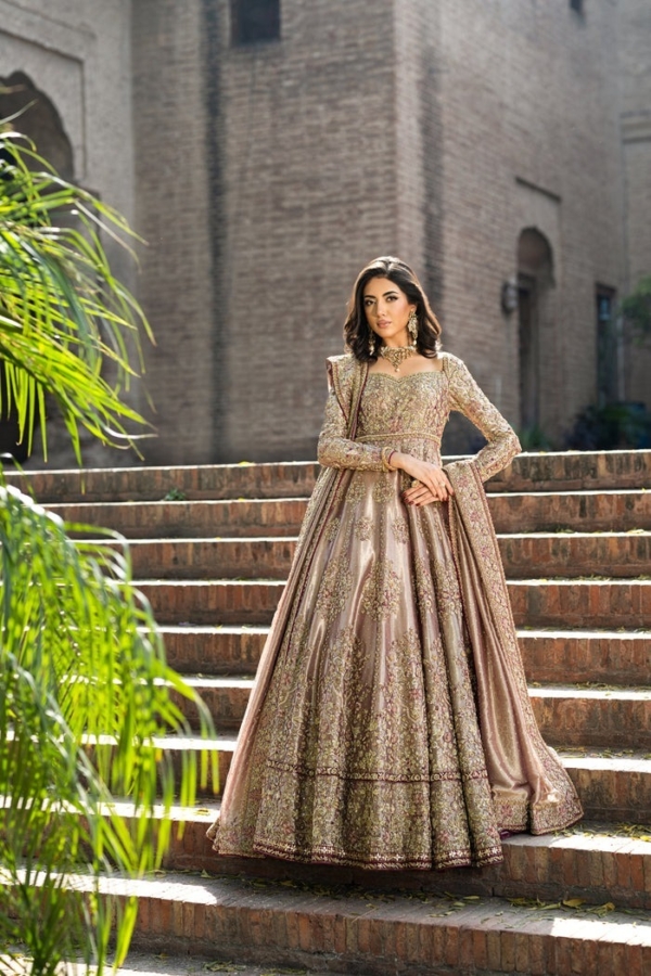 Pakistani Bridal Wear Rose Gold Wedding Gown - Image 4