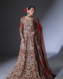 Pakistani Bridal Wear Scarlet Red Open Gown with Lehenga