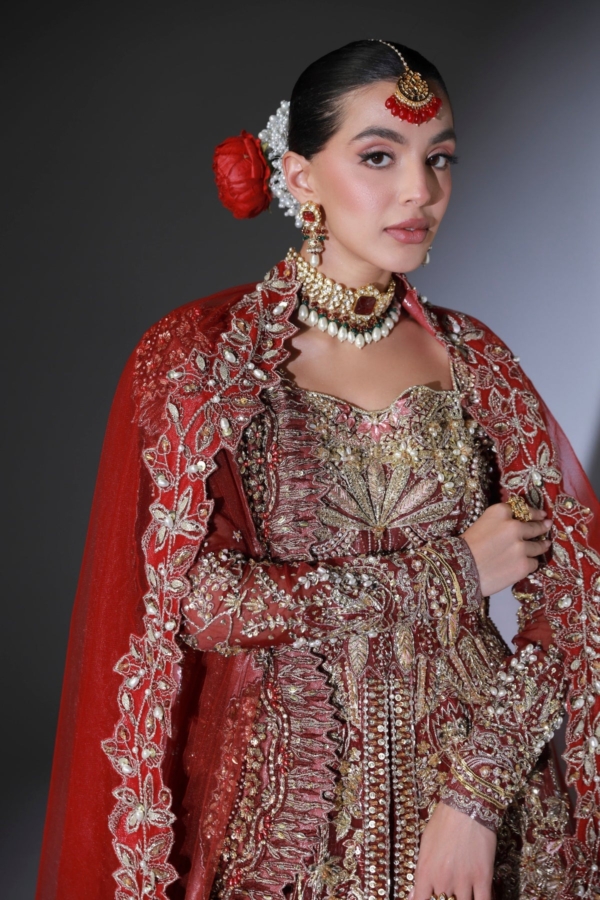 Pakistani Bridal Wear Scarlet Red Open Gown with Lehenga - Image 4