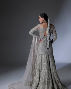 Pakistani Bridal Wear Shirt Lehenga in Grey Net