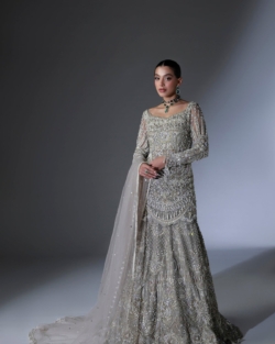 Pakistani Bridal Wear Shirt Lehenga in Grey Net