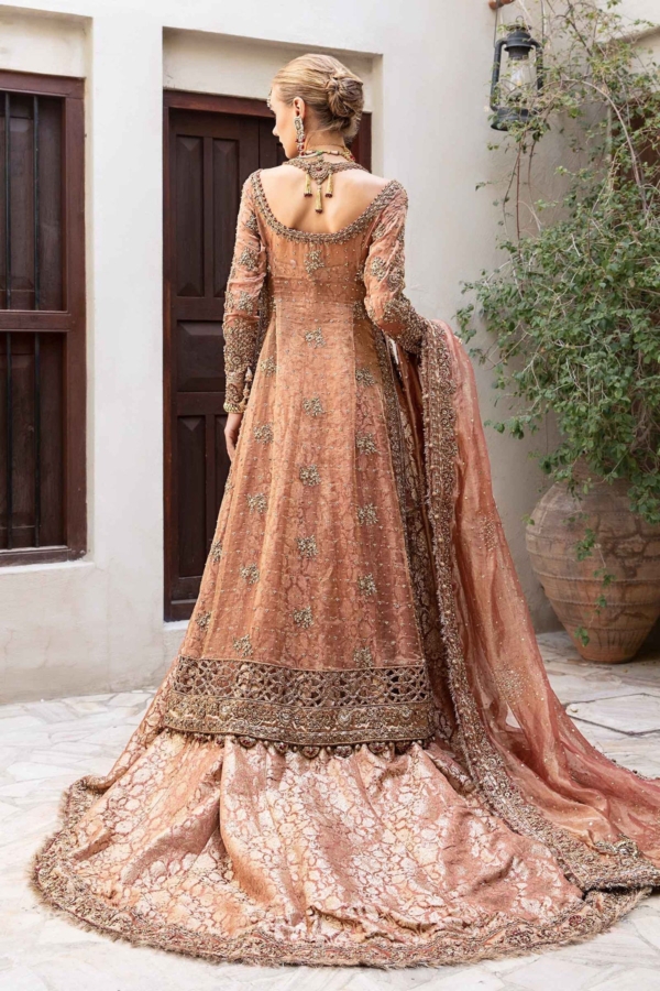 Pakistani Bridal Wear Tea Pink Open Kameez Lehenga - Image 2