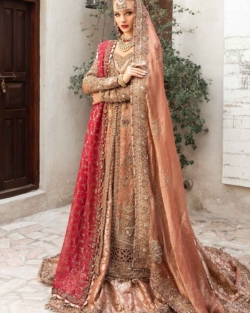 Pakistani Bridal Wear Tea Pink Open Kameez Lehenga