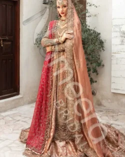 Pakistani Bridal Wear Tea Pink Open Kameez Lehenga