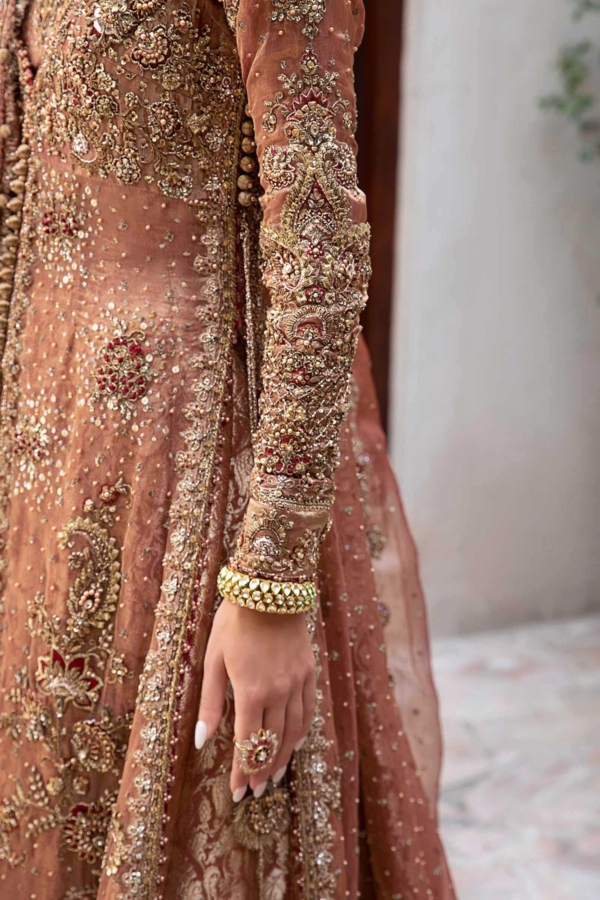 Pakistani Bridal Wear Tea Pink Open Kameez Lehenga - Image 3