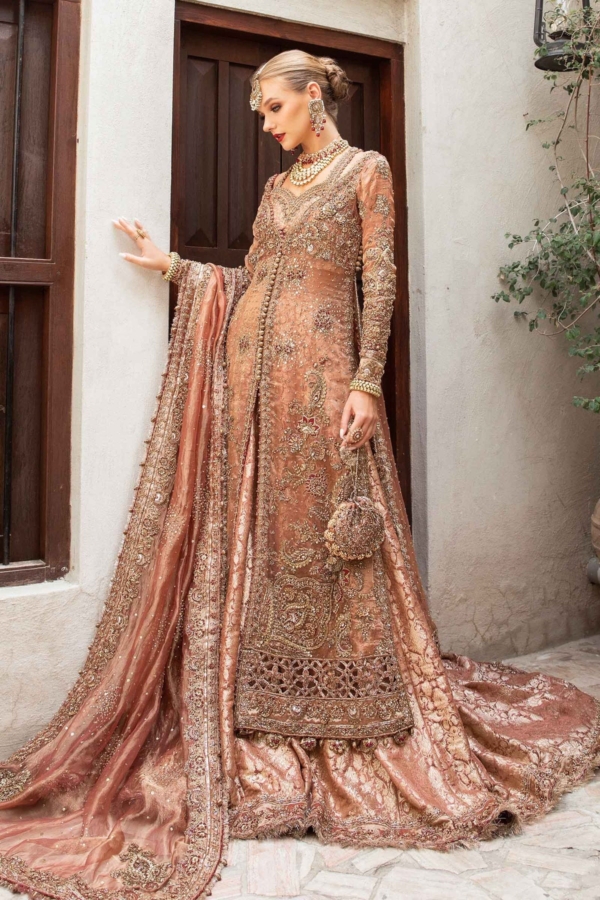 Pakistani Bridal Wear Tea Pink Open Kameez Lehenga - Image 5