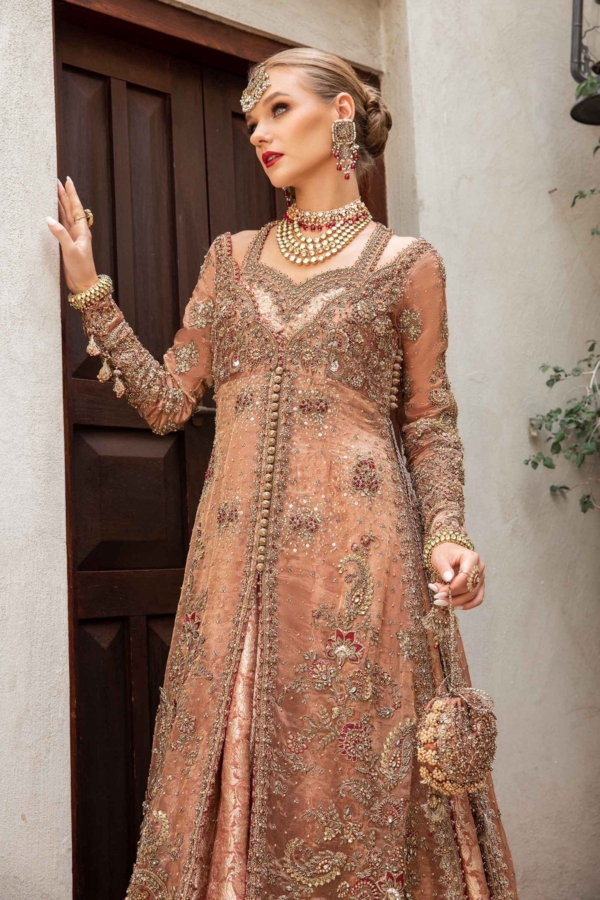 Pakistani Bridal Wear Tea Pink Open Kameez Lehenga - Image 6