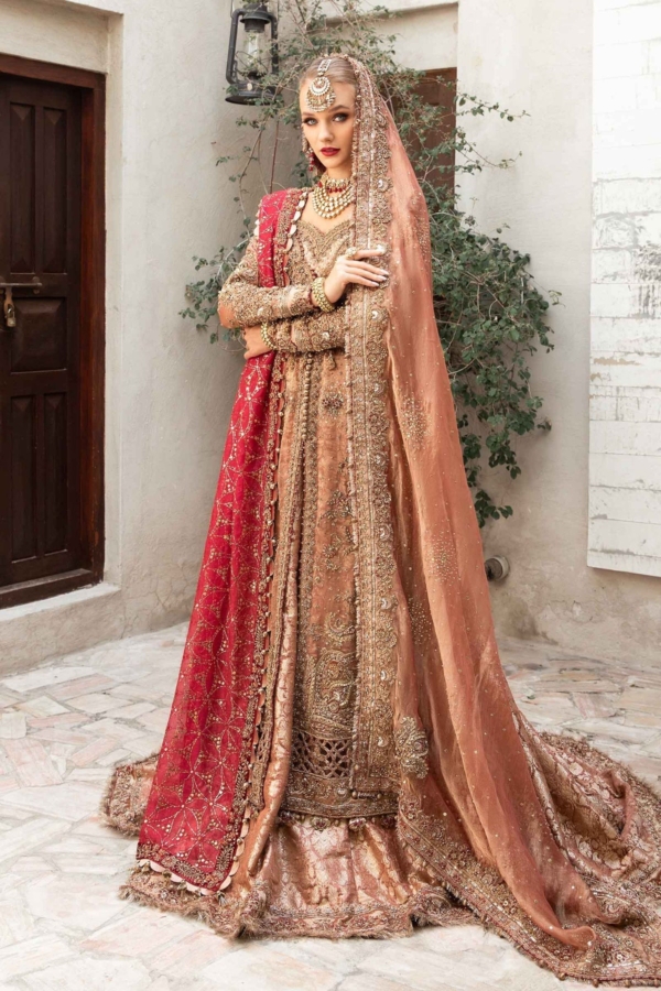 Pakistani Bridal Wear Tea Pink Open Kameez Lehenga