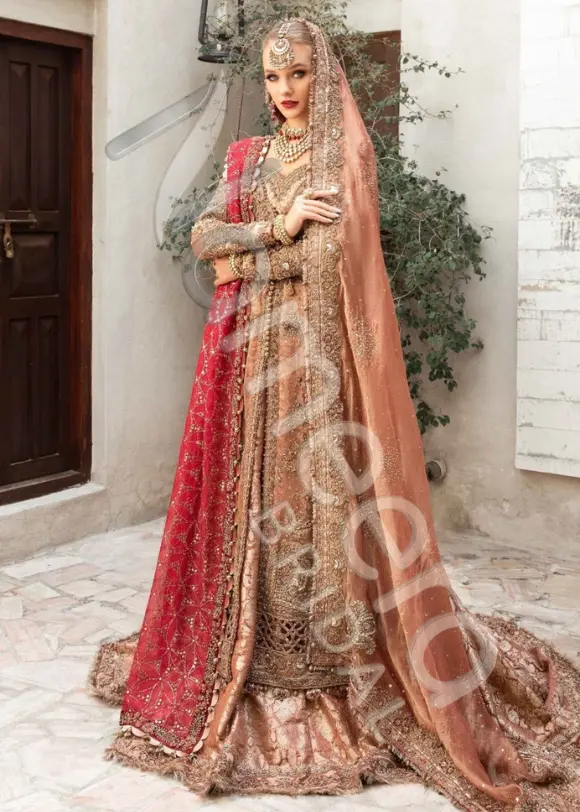 Pakistani Bridal Wear Tea Pink Open Kameez Lehenga