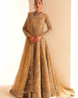 Pakistani Bridal Wear in Gold Tissue Gown Lehenga Style