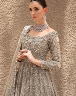 Pakistani Bridal Wear in Grey Silver Gown Dupatta Style