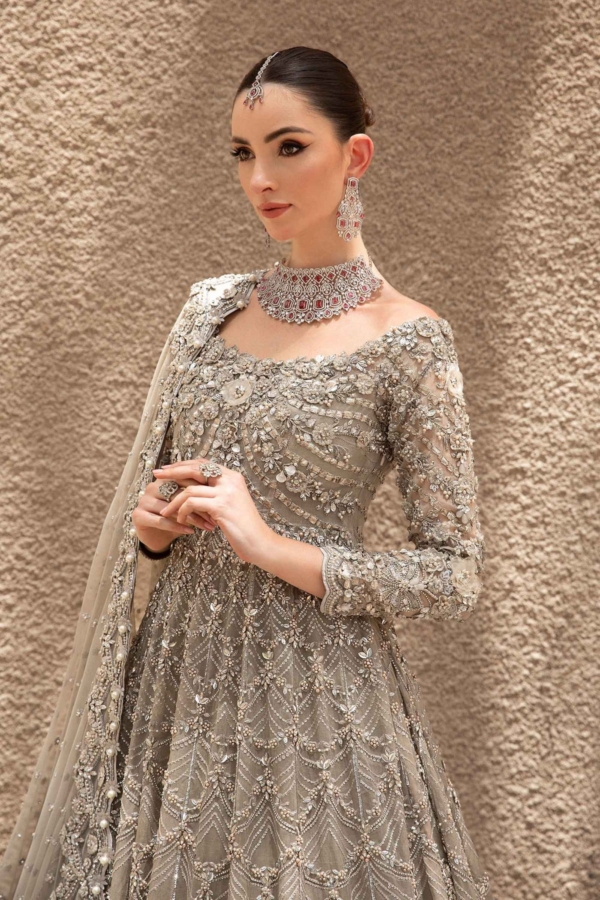 Pakistani Bridal Wear in Grey Silver Gown Dupatta Style