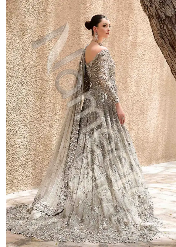 Pakistani Bridal Wear in Grey Silver Gown Dupatta Style