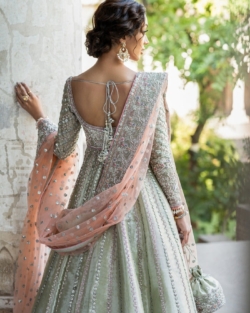 Pakistani Bridal Wear in Pink Green Pishwas Style