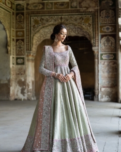 Pakistani Bridal Wear in Pink Green Pishwas Style