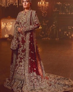 Pakistani Deep Red Long Kameez Lehenga