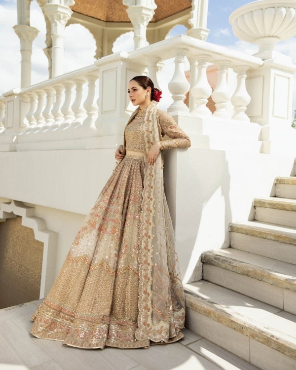 Pakistani Gold Wedding Choli Lehenga Outfit - Image 5