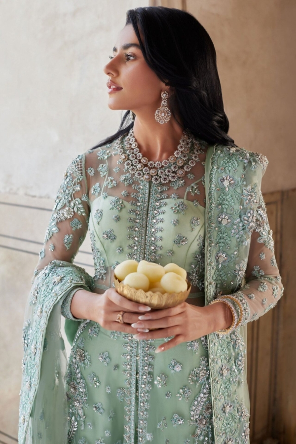 Pakistani Wedding Aqua Open Gown Sharara - Image 3