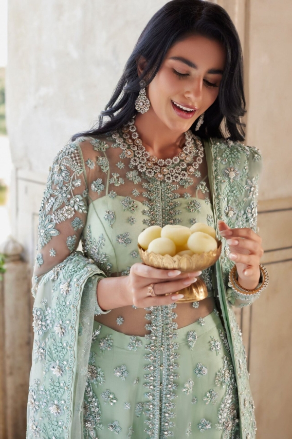 Pakistani Wedding Aqua Open Gown Sharara - Image 4