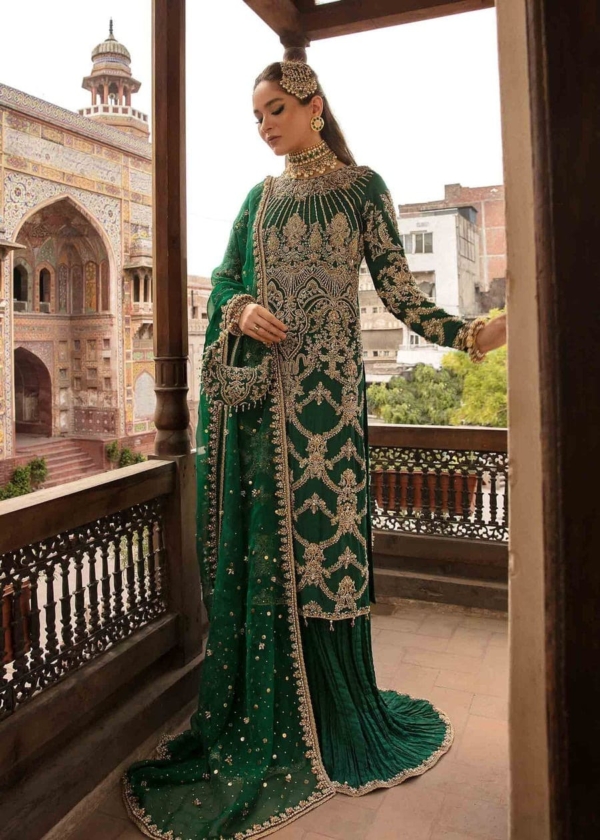 Pakistani Wedding Bottle Green Kameez Sharara