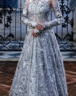 Pakistani Wedding Dress In Silver Lehenga Gown Style