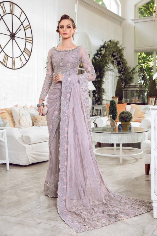 Pakistani Wedding Lilac Net Saree Outfit