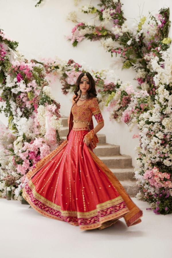 Pakistani Wedding Orange Dress Lehenga Choli - Image 4
