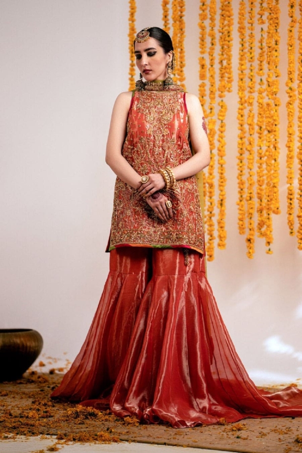 Pakistani Wedding Rust Orange Gharara Shirt