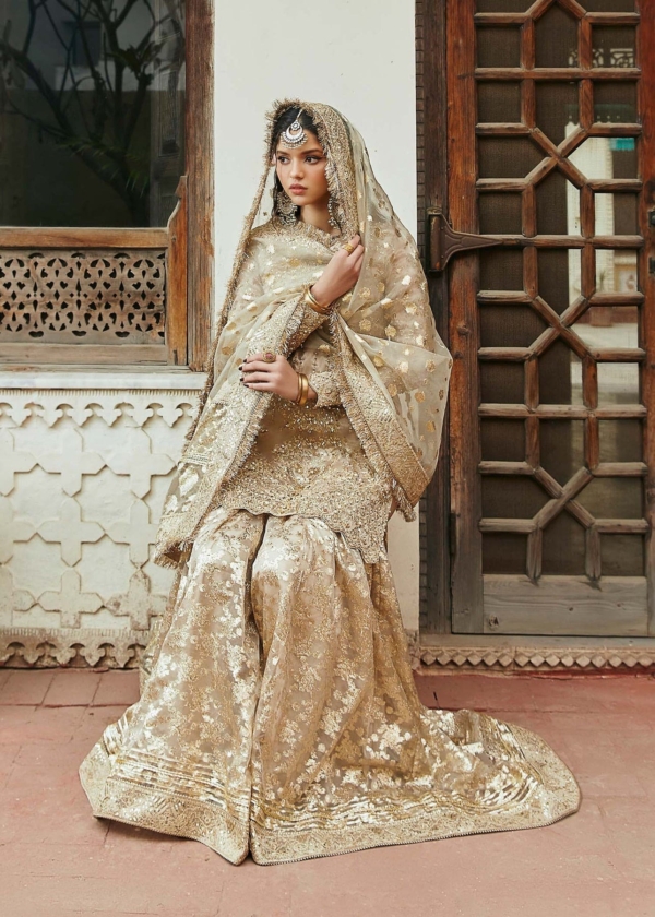 Pakistani Wedding Shirt Gharara In Golden - Image 2