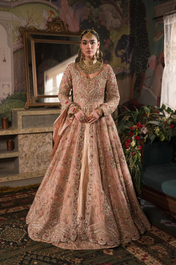 Classical Peach Gold Pishwas Lehenga Pakistani Bridal Dress