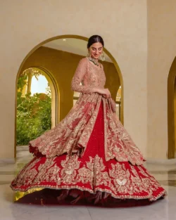 Peach And Pink Embellished Lehenga Pishwas Bridal Outfit