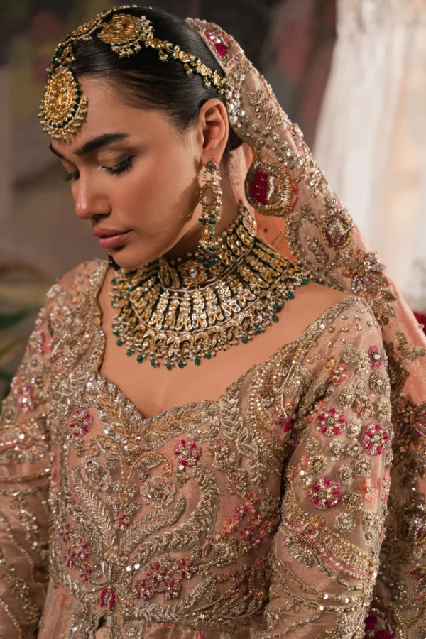 Classical Peach Gold Pishwas Lehenga Pakistani Bridal Dress - Image 3