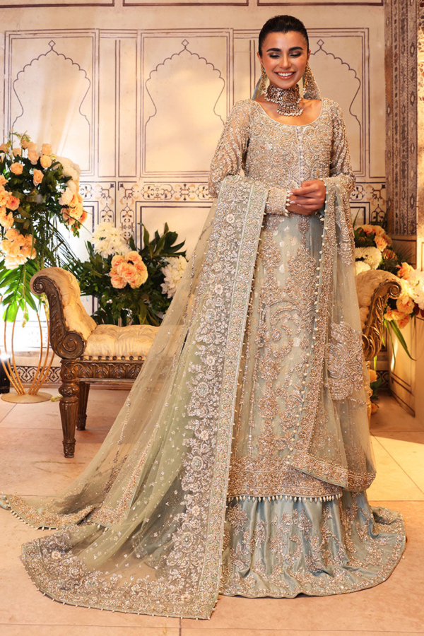 Pakistani Bridal Pistachio Green Gown Lehenga Wedding Dress - Image 2