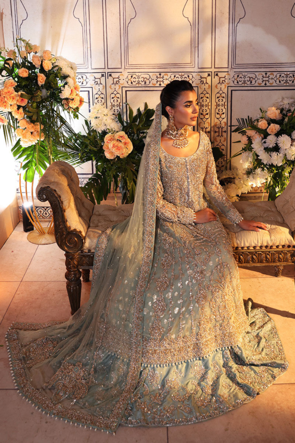 Pakistani Bridal Pistachio Green Gown Lehenga Wedding Dress - Image 4