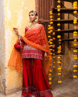 Beautiful Red Pakistani Kameez Gharara Dupatta