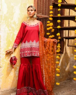 Beautiful Red Pakistani Kameez Gharara Dupatta