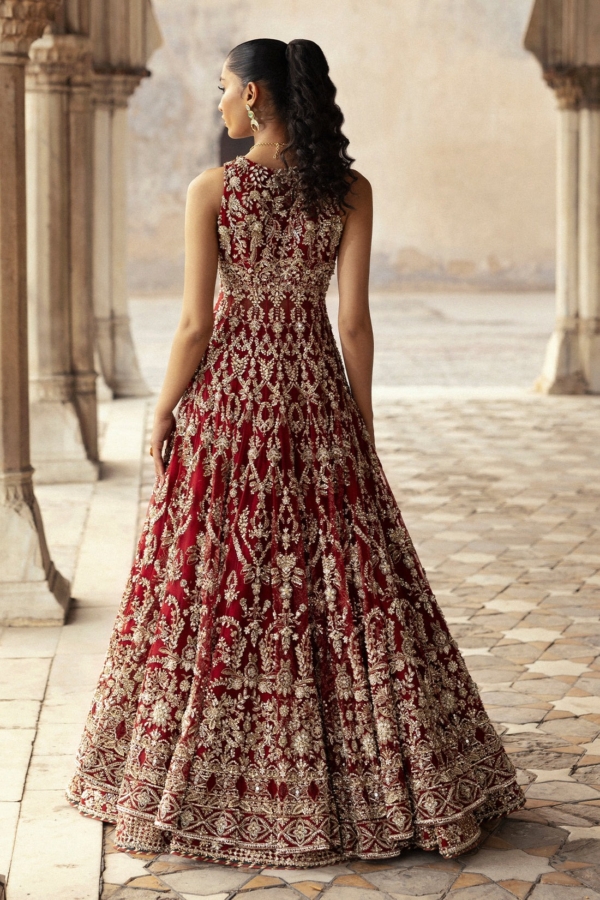 Red Bridal Outfit in Lehenga Frock - Image 2