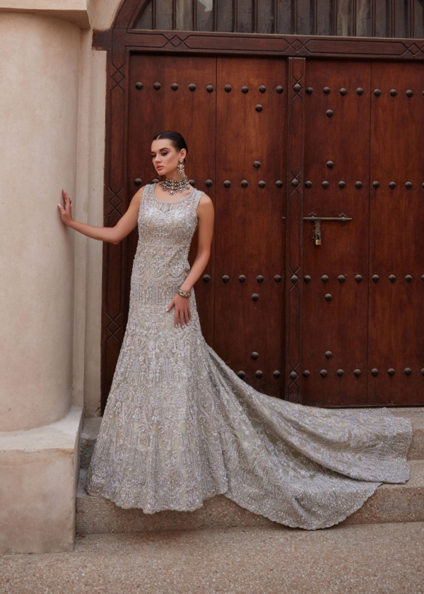 Royal Pakistani Bridal Elegant Silver Gown - Image 5