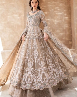 Royal Pakistani Bridal Wear in Beige Frock Lehenga Style