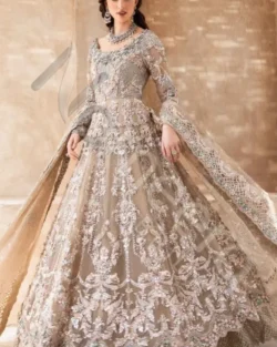 Royal Pakistani Bridal Wear in Beige Frock Lehenga Style