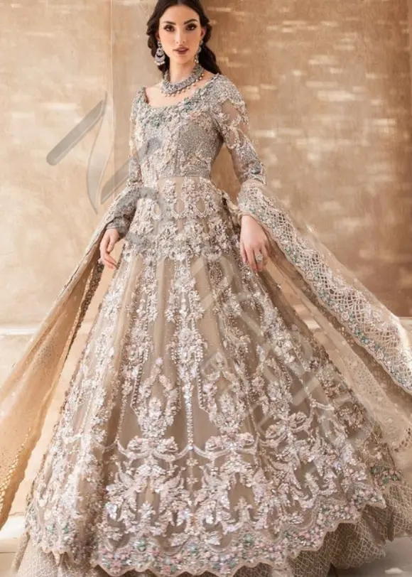 Royal Pakistani Bridal Wear in Beige Frock Lehenga Style