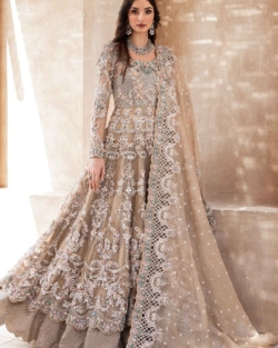 Royal Pakistani Bridal Wear in Beige Frock Lehenga Style