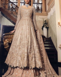 Pakistani Bridal Dress Gold Gown Lehenga