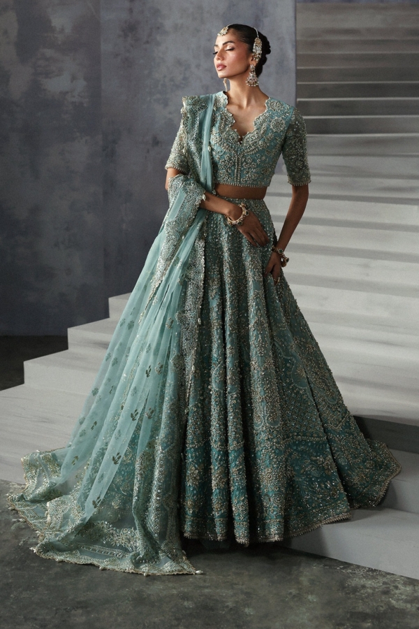 Stylish Turquoise Choli and Lehenga Pakistani Bridal Wear - Image 6