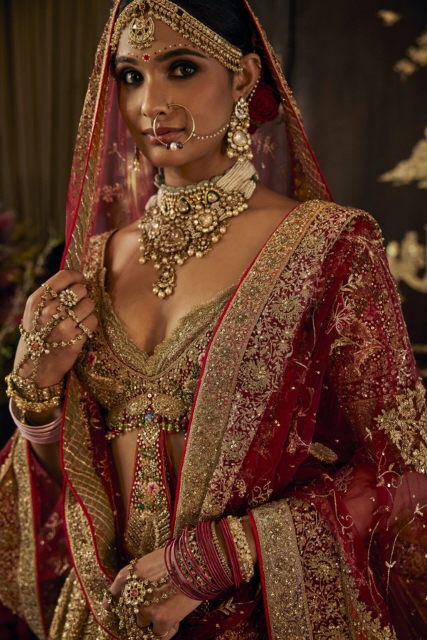 Traditional Deep Ruby Lehenga Choli Indian Bridal Dress - Image 3