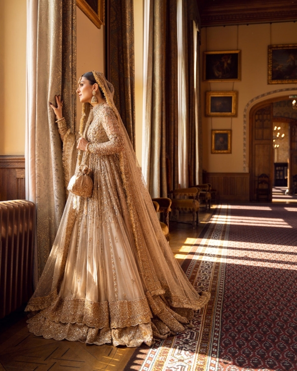 Traditional Gold Bridal Pishwas with Elegant Lehenga - Image 2