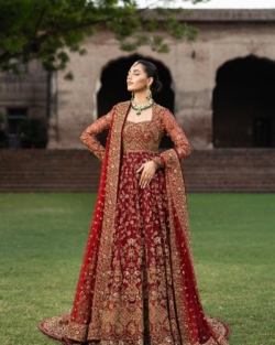 Traditional Pakistani Bridal Maroon Pishwas with Lehenga