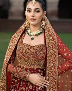 Traditional Pakistani Bridal Maroon Pishwas with Lehenga